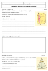 Cylindre et cône de révolution - Examen Contrôle : 11ème Harmos - PDF à imprimer