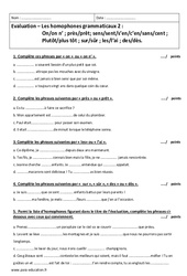 Homophones grammaticaux - Examen Contrôle  : 10ème Harmos - PDF à imprimer