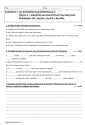 Homophone grammatical - Examen Evaluation  : 10ème Harmos - PDF à imprimer