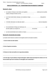 Transformations chimiques et physiques - Exercices avec les corrections : 10ème Harmos - PDF à imprimer