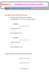 Addition de nombres relatifs - Cours : 9eme Harmos - PDF à imprimer