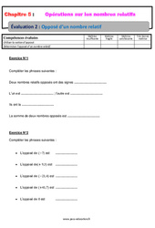 Opposé d’un nombre relatif - Examen Evaluation, bilan, contrôle avec la correction : 9eme Harmos - PDF à imprimer