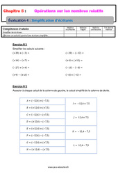 Simplification d’écritures - Les nombres relatifs - Examen Evaluation, bilan, contrôle avec la correction : 9eme Harmos - PDF à imprimer