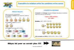 Connaître la relation entre les centimes et les euros - Cours, Leçon, trace écrite : 4ème Harmos - PDF gratuit à imprimer