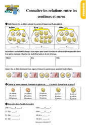 Connaître les relations entre les centimes et euros - Exercices, révisions : 4ème Harmos - PDF à imprimer