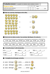 Connaître les relations entre les centimes et euros - Évaluation, bilan : 4ème Harmos - PDF à imprimer