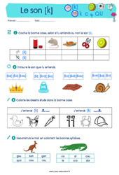 Le son [k] - Etude du code / les sons : 3eme, 4ème Harmos - PDF à imprimer
