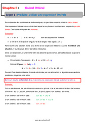 Produire, utiliser une expression littérale - Calcul littéral - Cours : 9eme Harmos - PDF à imprimer