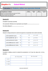 Produire, utiliser une expression littérale - Calcul littéral - Examen Evaluation, bilan, contrôle avec la correction : 9eme Harmos - PDF à imprimer