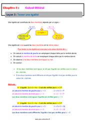 Tester une égalité - Calcul littéral - Cours : 9eme Harmos - PDF à imprimer