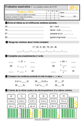 Les nombres entiers de 0 à 99 - Évaluation, bilan : 4ème Harmos - PDF à imprimer