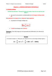 L’énergie cinétique et potentielle - Cours : 11ème Harmos - PDF à imprimer