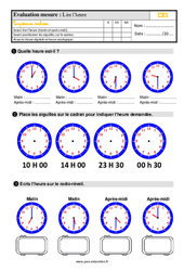 Lire l’heure - Évaluation, bilan : 4ème Harmos - PDF à imprimer
