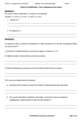 La résistance et la loi d’Ohm - Exercices avec les corrections : 10ème Harmos - PDF à imprimer