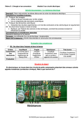 La résistance électrique - Activité documentaire avec les corrections : 10ème Harmos - PDF à imprimer