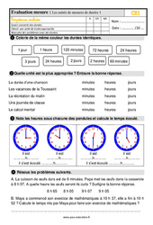 Les unités de mesures de durées - Évaluation, bilan : 4ème Harmos - PDF à imprimer