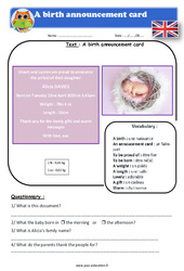 A birth announcement card - Anglais - Lecture - Level 4 : 6ème, 7ème Harmos - PDF à imprimer