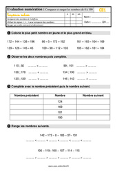 Comparer et ranger les nombres de 0 à 199 - Examen Evaluation, bilan : 4ème Harmos - PDF à imprimer