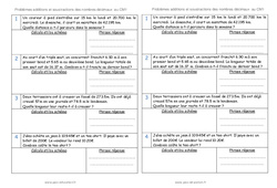 Addition et soustraction des nombres décimaux - Problèmes : 6ème Harmos - PDF à imprimer