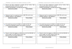 Soustraction des nombres décimaux - Problèmes : 6ème Harmos - PDF à imprimer
