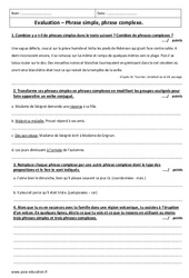 Phrase complexe - Phrase simple - Examen Evaluation avec le corrigé : 10ème Harmos - PDF à imprimer