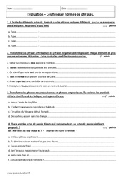 Types et formes de phrases - Examen Contrôle  : 11ème Harmos - PDF à imprimer