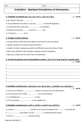 Homophones - Homonymes - Examen Contrôle avec le corrigé : 11ème Harmos - PDF à imprimer