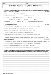 Homonymes - Homophones - Examen Evaluation  : 11ème Harmos - PDF à imprimer