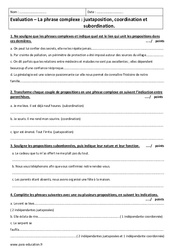 Juxtaposition, coordination et subordination - Examen Evaluation sur la phrase complexe : 11ème Harmos - PDF à imprimer