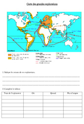 Carte des grandes explorations - Exercices - Les temps modernes : 6ème Harmos - PDF à imprimer