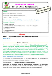 Séquence - Fiche de préparation Lire un article de dictionnaire - Étude de la langue - Séquence - Fiche de préparation : 5ème Harmos - PDF à imprimer
