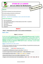 Lire un article de dictionnaire - Étude de la langue - Séquence - Fiche de préparation : 4ème Harmos - PDF à imprimer
