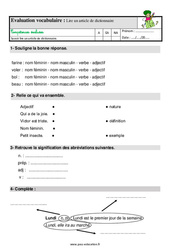 Lire un article de dictionnaire - Étude de la langue - Examen Evaluation avec la correction : 4ème Harmos - PDF à imprimer