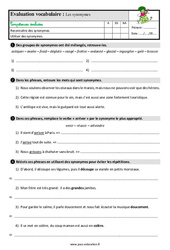 Les synonymes - Étude de la langue - Examen Evaluation avec la correction : 5ème Harmos - PDF à imprimer