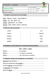 Les synonymes - Étude de la langue - Examen Evaluation avec la correction : 4ème Harmos - PDF à imprimer