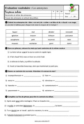 Les antonymes - Étude de la langue - Examen Evaluation avec la correction : 5ème Harmos - PDF à imprimer