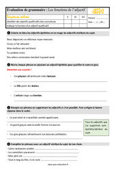 Les fonctions de l’adjectif - Fiches épithète et attribut - Évaluation, bilan : 6ème Harmos - PDF à imprimer