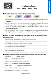 Les homophones grammaticaux - Fiches mes / mais / mets / met - Exercices, révisions : 7ème Harmos - PDF à imprimer