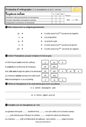 Les homophones - Fiches a /à /as - on/ont - Évaluation, bilan : 6ème Harmos - PDF à imprimer