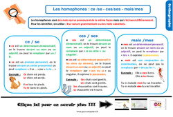 Les homophones - Fiches ce /se - ces/ses - mais/mes - Cours, Leçon, trace écrite : 6ème Harmos - PDF gratuit à imprimer