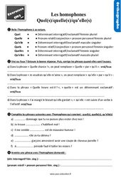 Les homophones grammaticaux quel(s)/quelle(s)/qu’elle(s) - Exercices, révisions : 7ème Harmos - PDF à imprimer