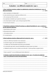 Emplois de que - Examen Evaluation  : 11ème Harmos - PDF à imprimer