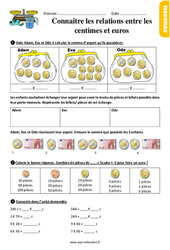 Connaître les relations entre centimes et euros - Exercices avec les corrigés : 4ème Harmos - PDF à imprimer