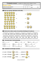 Connaître les relations entre centimes et euros - Examen Evaluation avec la correction : 4ème Harmos - PDF à imprimer