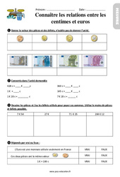 Connaître les relations entre centimes et euros - Exercices avec les corrigés : 5ème Harmos - PDF à imprimer