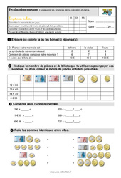 Connaître les relations entre centimes et euros - Examen Evaluation avec la correction : 5ème Harmos - PDF à imprimer