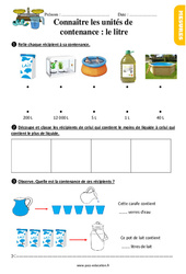 Les contenances - Fiches connaître le litre - Exercices  : 4ème Harmos - PDF à imprimer