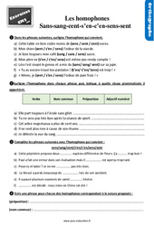 Les homophones - Fiches sans/cent/sang/s’en/c’en/sens/sent - Exercices, révisions : 7ème Harmos - PDF à imprimer