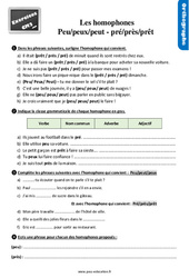 Les homophones - Fiches peu/peux/peut - pré/près/prêt - Exercices, révisions : 7ème Harmos - PDF à imprimer