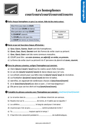 Les homophones - Fiches cour/cours/court/courent - Exercices, révisions avec les corrections : 7ème Harmos - PDF à imprimer